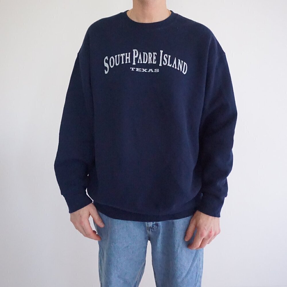 90S Fruits Of The Loom Navy South Padre Island Texas Travel Crew Neck Sweater XL